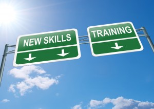 Illustration depicting a highway gantry sign with a new skills and training concept. Blue sky background.